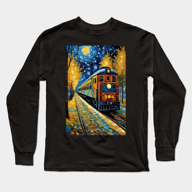 Starry night train station Long Sleeve T-Shirt by Spaceboyishere